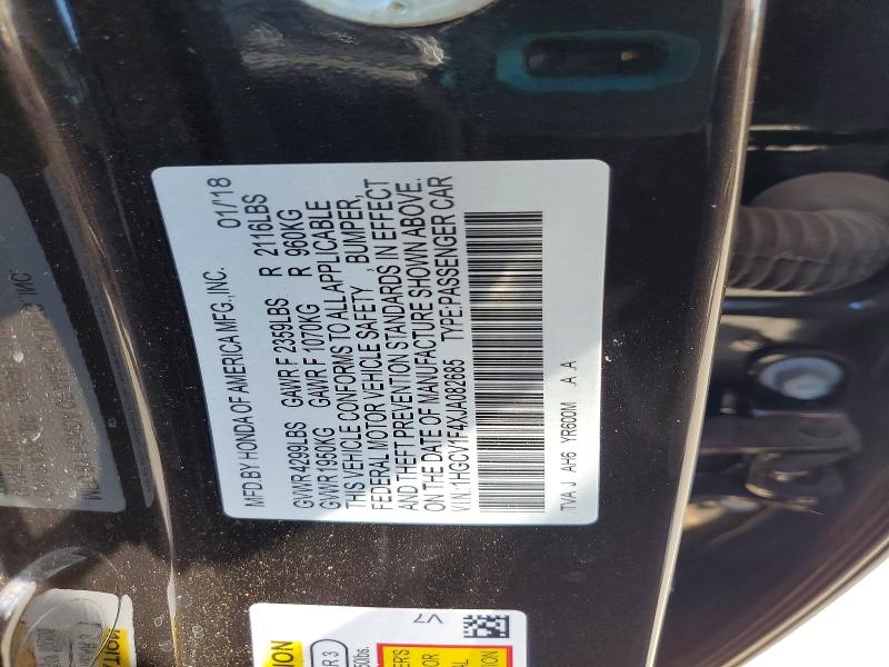 Продаж на аукціоні авто 2018 Honda Accord, vin: 1HGCV1F4XJA082685, номер лоту: 48193536