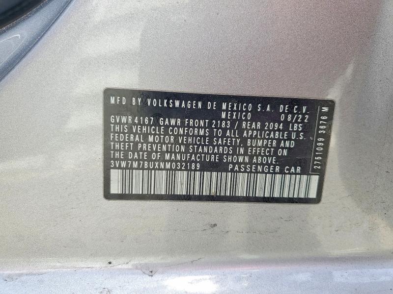 48638146 :رقم المزاد ، 3VW7M7BUXNM032189 vin ، 2022 Volkswagen Jetta مزاد بيع