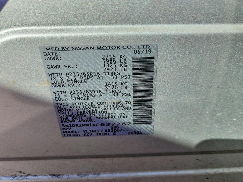 2019 Nissan Pathfinder მანქანა იყიდება აუქციონზე, vin: 5N1DR2MM1KC637282, აუქციონის ნომერი: 51317816