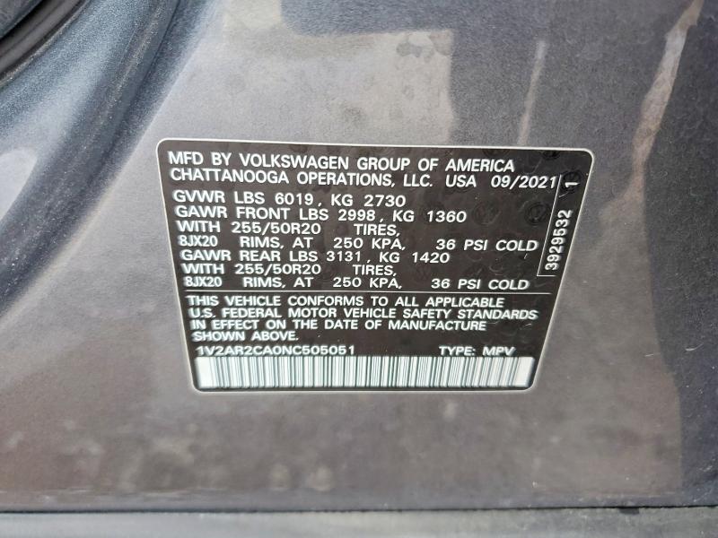 2022 Volkswagen Atlas მანქანა იყიდება აუქციონზე, vin: 1V2AR2CA0NC505051, აუქციონის ნომერი: 49158676