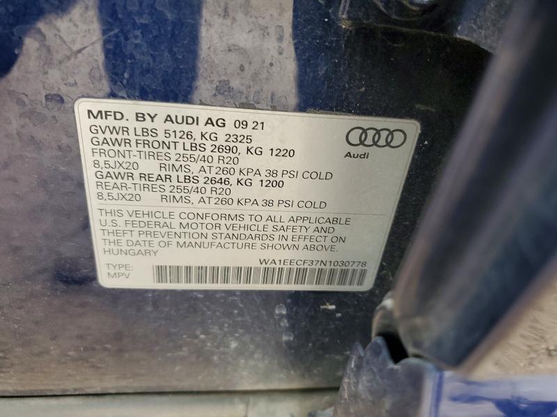 Aukcja sprzedaży 2022 Audi Q3, vin: WA1EECF37N1030778, numer aukcji: 50358796