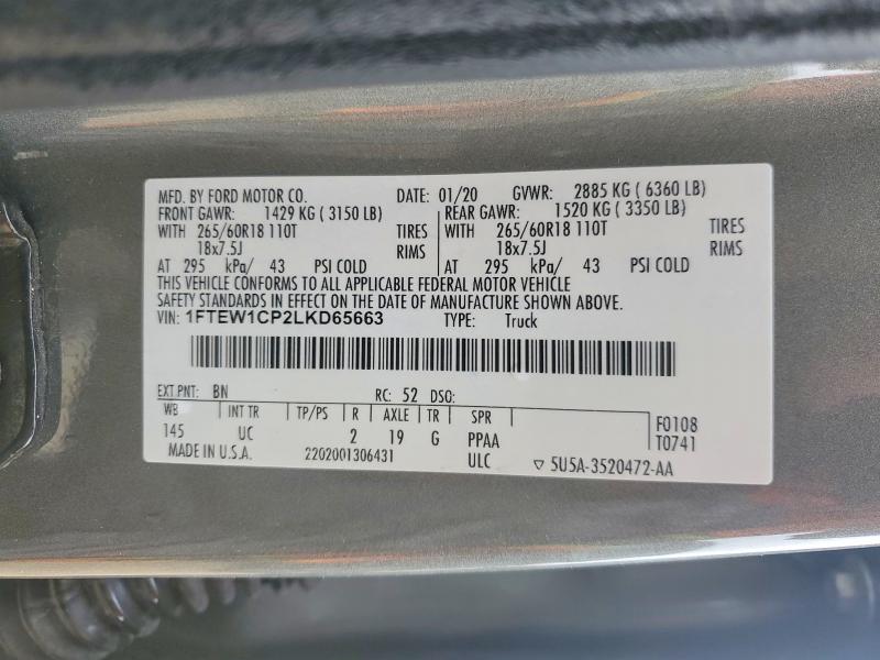 2020 Ford F150 მანქანა იყიდება აუქციონზე, vin: 1FTEW1CP2LKD65663, აუქციონის ნომერი: 50665186