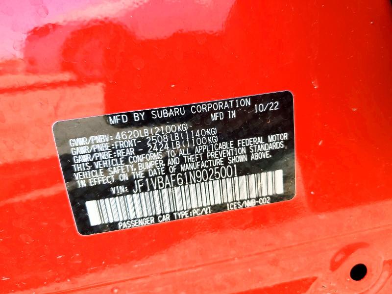 Aukcja sprzedaży 2022 Subaru Wrx, vin: JF1VBAF61N9025001, numer aukcji: 50321676