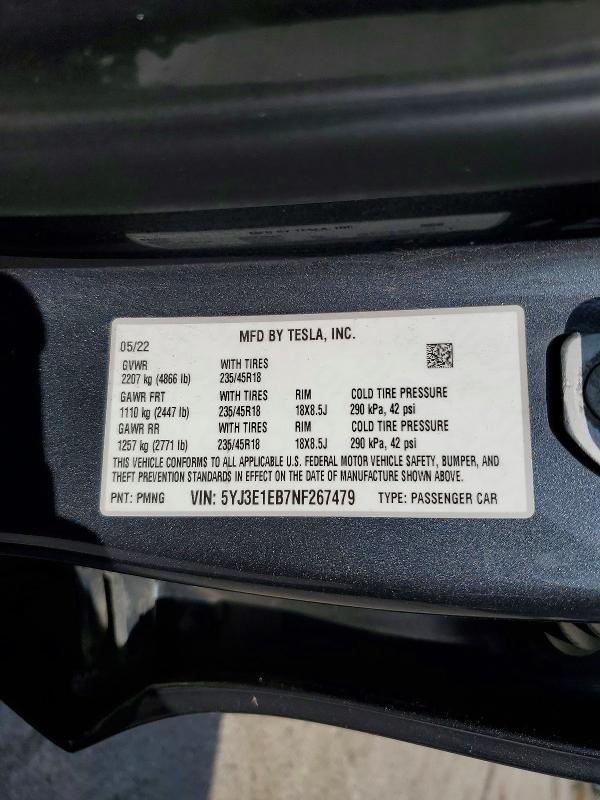 Aukcja sprzedaży 2022 Tesla Model 3, vin: 5YJ3E1EB7NF267479, numer aukcji: 48587416