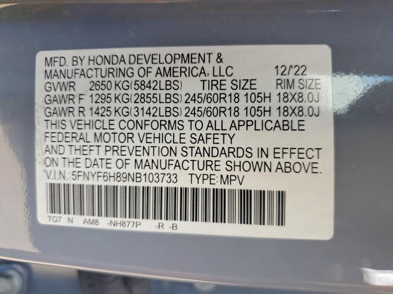 Продаж на аукціоні авто 2022 Honda Pilot, vin: 5FNYF6H89NB103733, номер лоту: 50332326