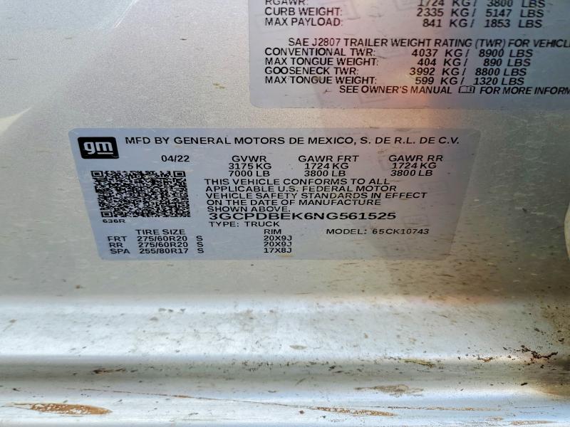 49416896 :رقم المزاد ، 3GCPDBEK6NG561525 vin ، 2022 Chevrolet Silverado مزاد بيع