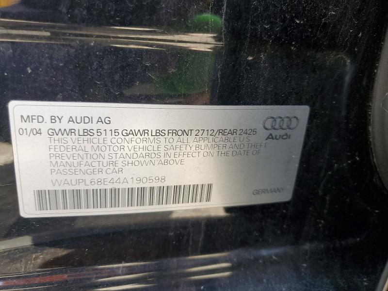 50835796 :رقم المزاد ، WAUPL68E44A190598 vin ، 2004 Audi S4 مزاد بيع
