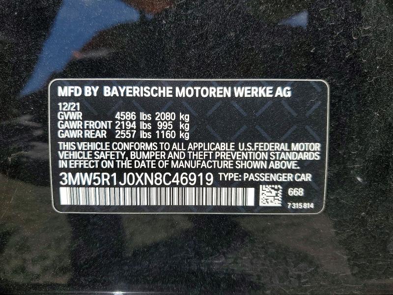 48456826 :رقم المزاد ، 3MW5R1J0XN8C46919 vin ، 2022 Bmw 330i مزاد بيع