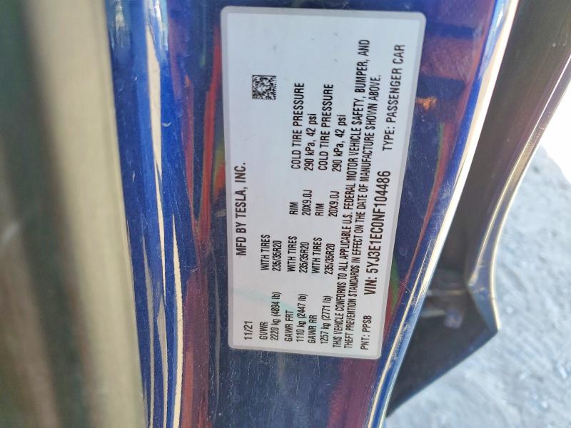 2022 Tesla Model 3 მანქანა იყიდება აუქციონზე, vin: 5YJ3E1EC0NF104486, აუქციონის ნომერი: 49173946