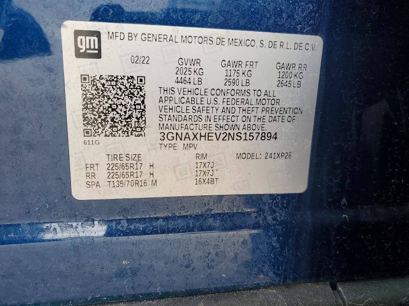 2022 Chevrolet Equinox მანქანა იყიდება აუქციონზე, vin: 3GNAXHEV2NS157894, აუქციონის ნომერი: 48762106
