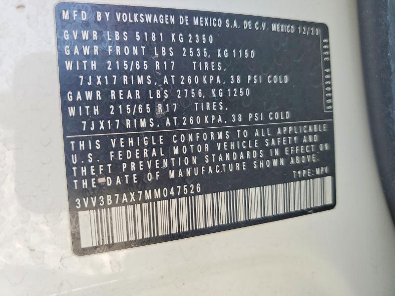 Aukcja sprzedaży 2021 Volkswagen Tiguan, vin: 3VV3B7AX7MM047526, numer aukcji: 49945276