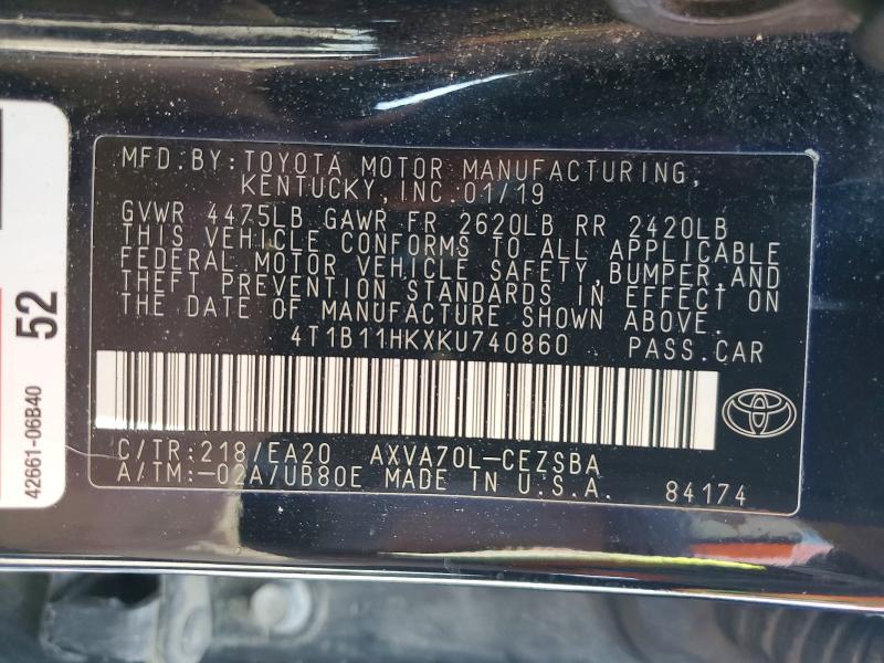 2019 Toyota Camry მანქანა იყიდება აუქციონზე, vin: 4T1B11HKXKU740860, აუქციონის ნომერი: 49308376