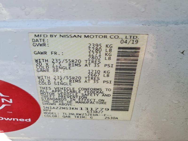 Продажа на аукционе авто 2019 Nissan Murano, vin: 5N1AZ2MS3KN131779, номер лота: 50773046