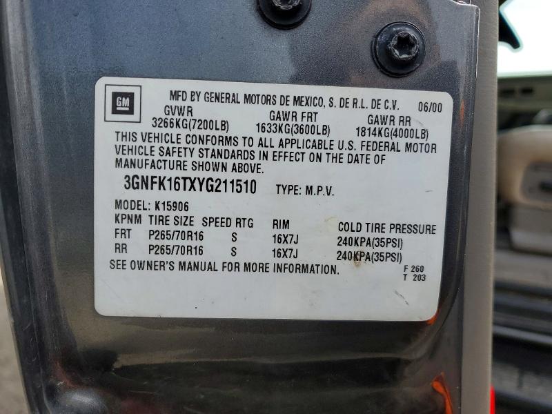 50443176 :رقم المزاد ، 3GNFK16TXYG211510 vin ، 2000 Chevrolet Suburban مزاد بيع