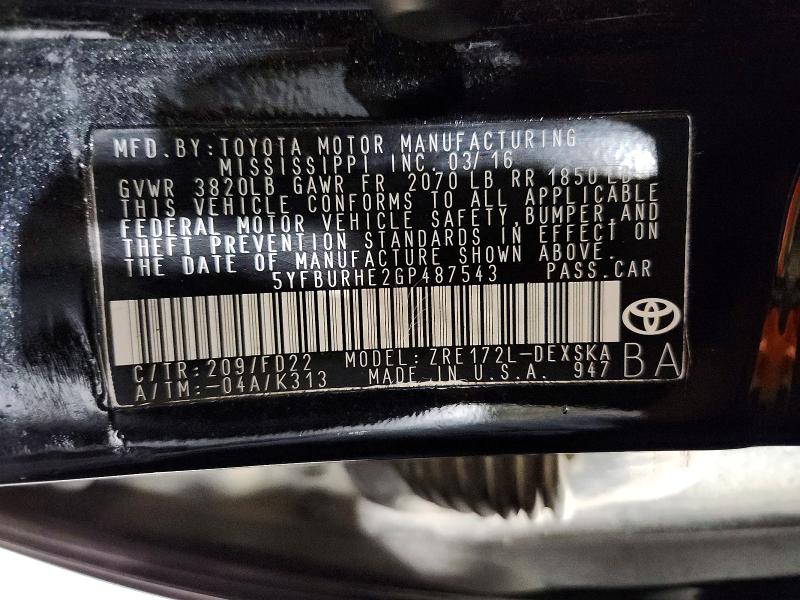 Aukcja sprzedaży 2016 Toyota Corolla, vin: 5YFBURHE2GP487543, numer aukcji: 51502556