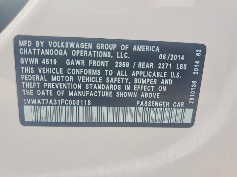 Aukcja sprzedaży 2015 Volkswagen Passat, vin: 1VWAT7A31FC003118, numer aukcji: 51202516