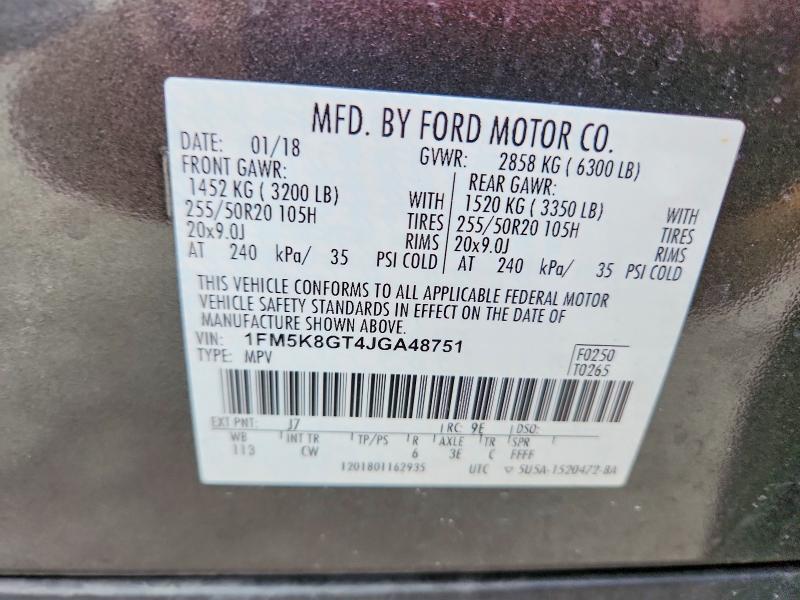 49454866 :رقم المزاد ، 1FM5K8GT4JGA48751 vin ، 2018 Ford Explorer مزاد بيع
