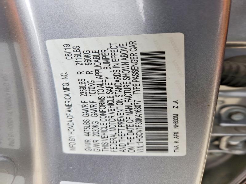 50713716 :رقم المزاد ، 1HGCV1F30KA168077 vin ، 2019 Honda Accord مزاد بيع