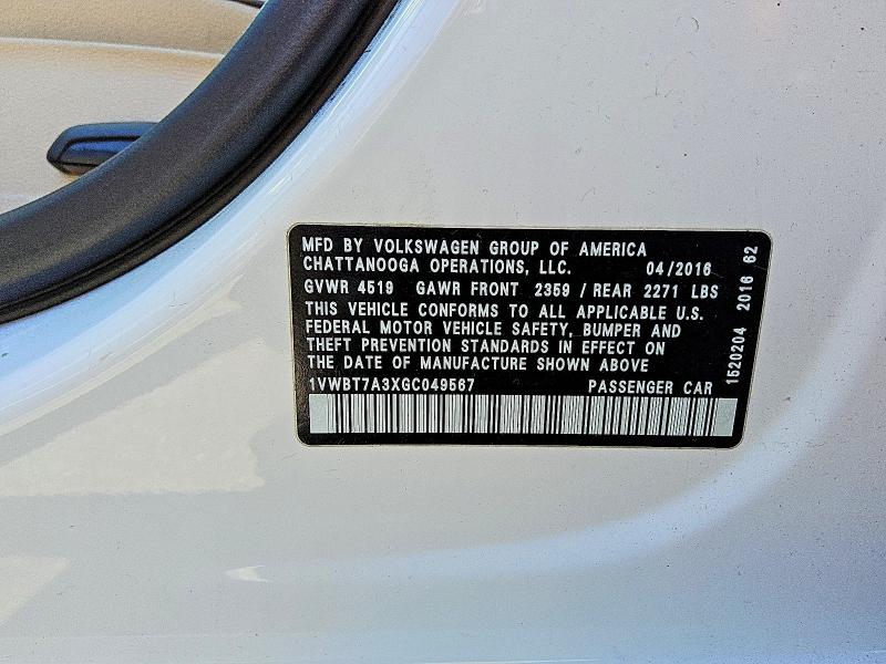 Продажа на аукционе авто 2016 Volkswagen Passat, vin: 1VWBT7A3XGC049567, номер лота: 50106356