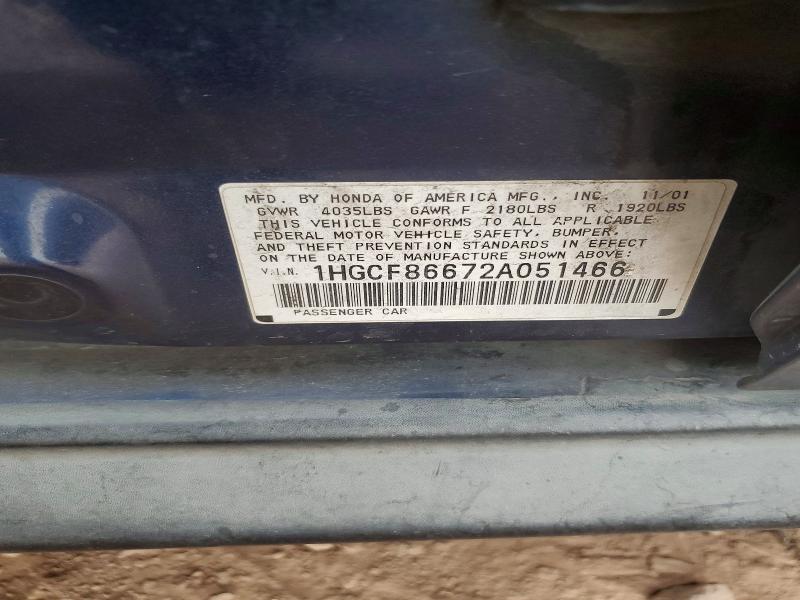 48918356 :رقم المزاد ، 1HGCF86672A051466 vin ، 2002 Honda Accord مزاد بيع