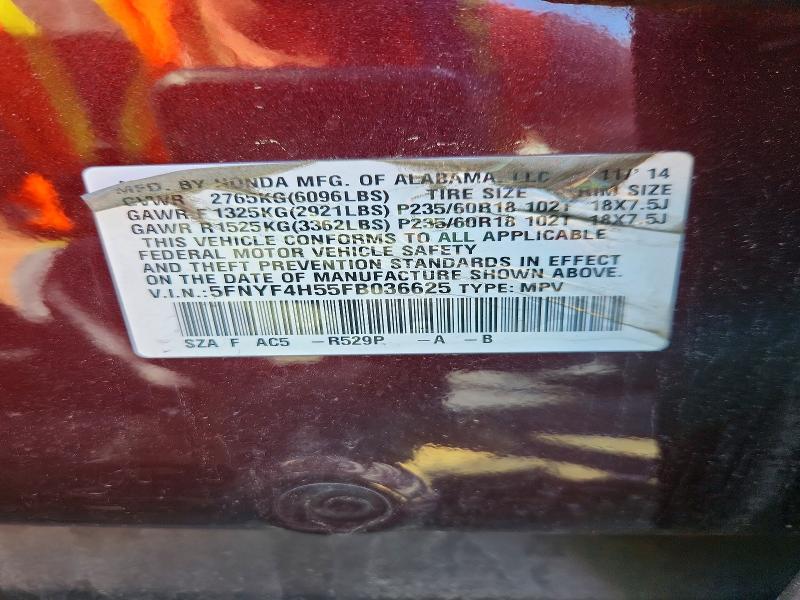 Aukcja sprzedaży 2015 Honda Pilot, vin: 5FNYF4H55FB036625, numer aukcji: 51088756