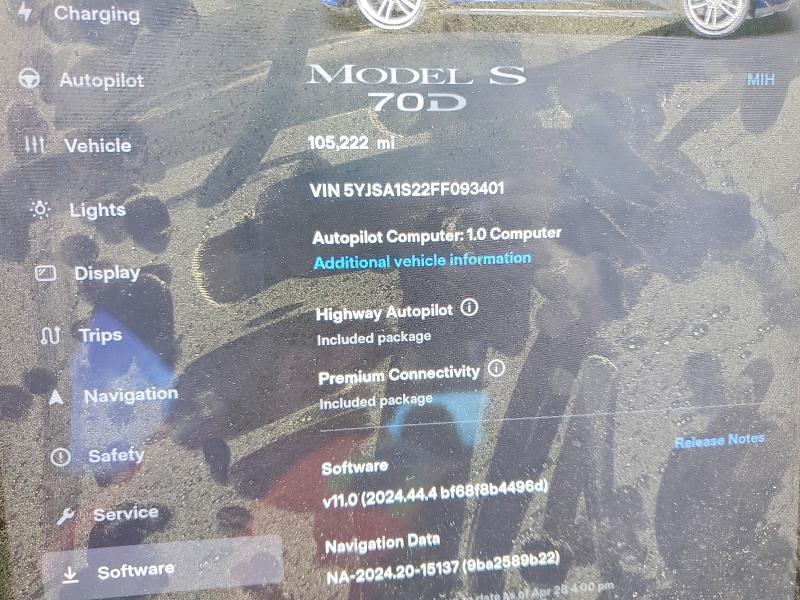 51467246 :رقم المزاد ، 5YJSA1S22FF093401 vin ، 2015 Tesla Model S مزاد بيع