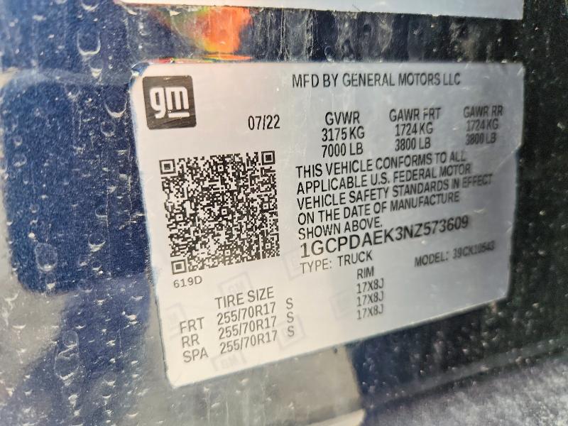 Продажа на аукционе авто 2022 Chevrolet Silverado, vin: 1GCPDAEK3NZ573609, номер лота: 48163506