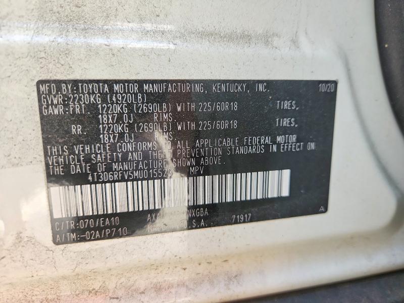 2021 Toyota Rav4 მანქანა იყიდება აუქციონზე, vin: 4T3D6RFV5MU015523, აუქციონის ნომერი: 50225006