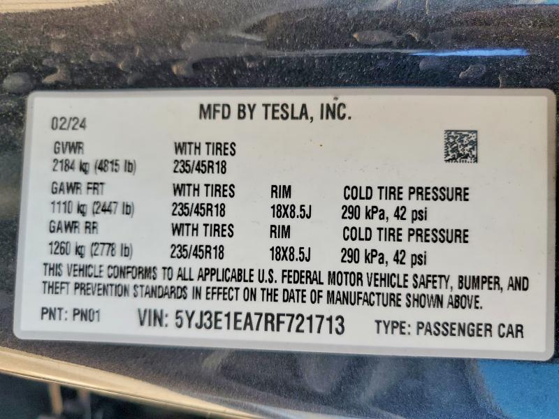 50531606 :رقم المزاد ، 5YJ3E1EA7RF721713 vin ، 2024 Tesla Model 3 مزاد بيع
