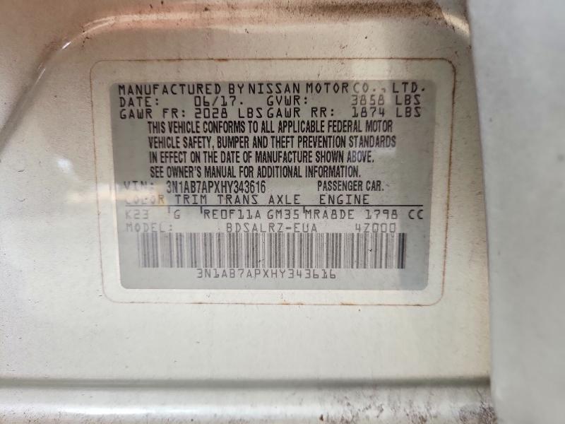 Продажа на аукционе авто 2017 Nissan Sentra, vin: 3N1AB7APXHY343616, номер лота: 48749016