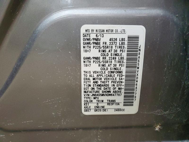 51058886 :رقم المزاد ، JN8AS5MVXDW647787 vin ، 2013 Nissan Rogue مزاد بيع
