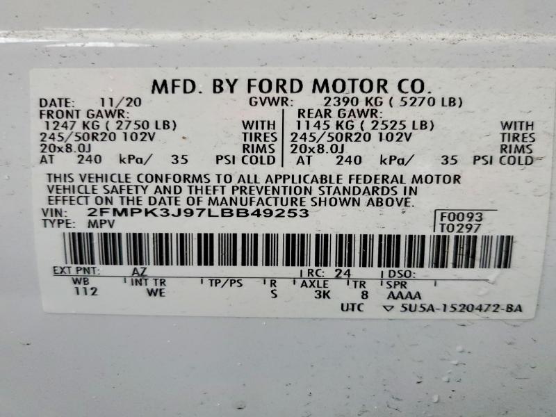 48949416 :رقم المزاد ، 2FMPK3J97LBB49253 vin ، 2020 Ford Edge مزاد بيع