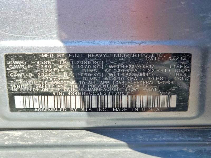 2014 Subaru Outback მანქანა იყიდება აუქციონზე, vin: 4S4BRBCC5E3312803, აუქციონის ნომერი: 50840286