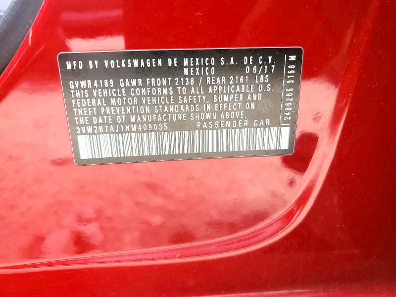 2017 Volkswagen Jetta მანქანა იყიდება აუქციონზე, vin: 3VW2B7AJ1HM409035, აუქციონის ნომერი: 48293756