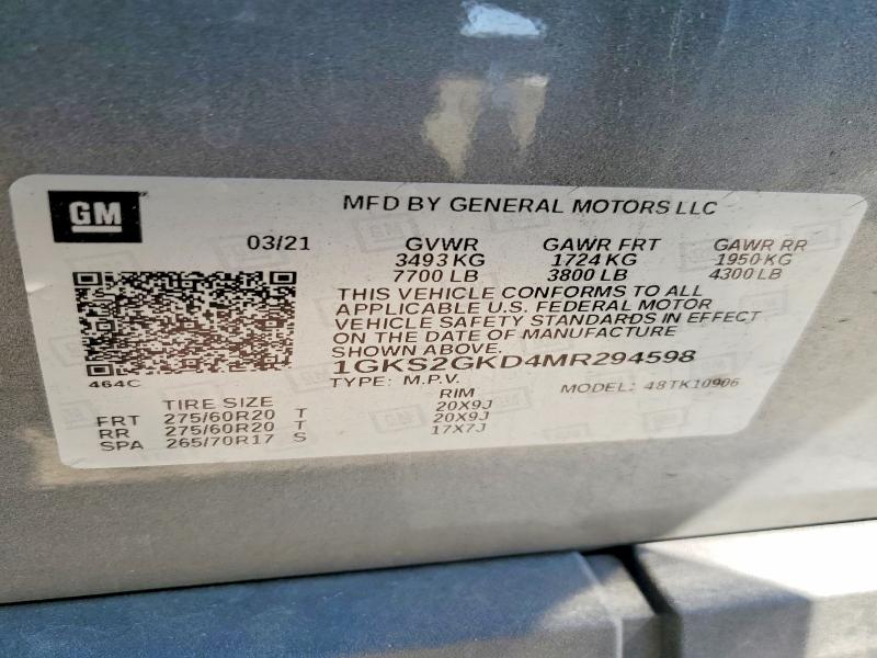 50975606 :رقم المزاد ، 1GKS2GKD4MR294598 vin ، 2021 Gmc Yukon Xl مزاد بيع