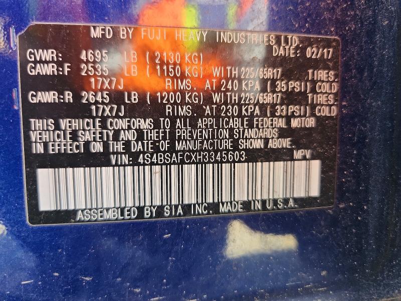 2017 Subaru Outback მანქანა იყიდება აუქციონზე, vin: 4S4BSAFCXH3345603, აუქციონის ნომერი: 48453406