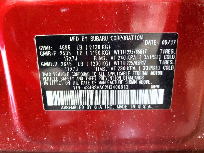 Продажа на аукционе авто 2017 Subaru Outback, vin: 4S4BSAAC2H3400813, номер лота: 48565716
