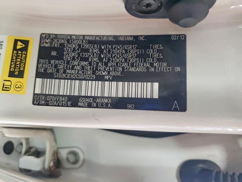 Aukcja sprzedaży 2012 Toyota Highlander, vin: 5TDZK3EH2CS070229, numer aukcji: 50904716