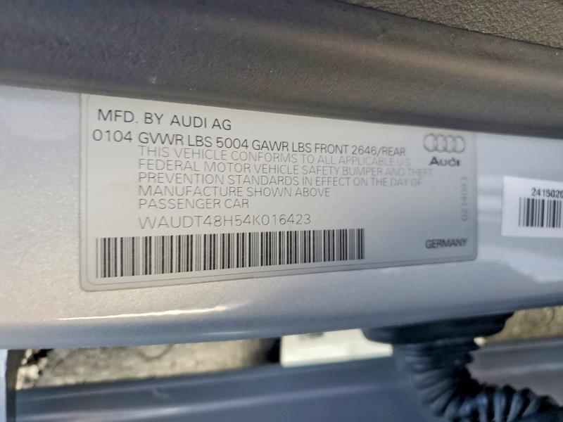 2004 Audi A4 მანქანა იყიდება აუქციონზე, vin: WAUDT48H54K016423, აუქციონის ნომერი: 49514176