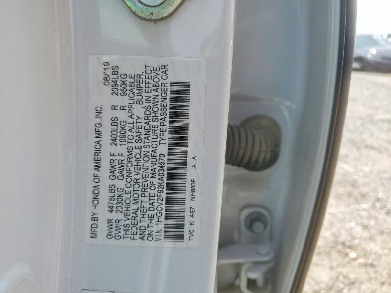 50339836 :رقم المزاد ، 1HGCV2F92KA034570 vin ، 2019 Honda Accord مزاد بيع