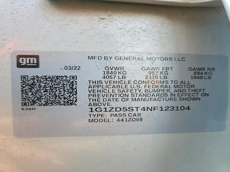 2022 Chevrolet Malibu მანქანა იყიდება აუქციონზე, vin: 1G1ZD5ST4NF123104, აუქციონის ნომერი: 50501726