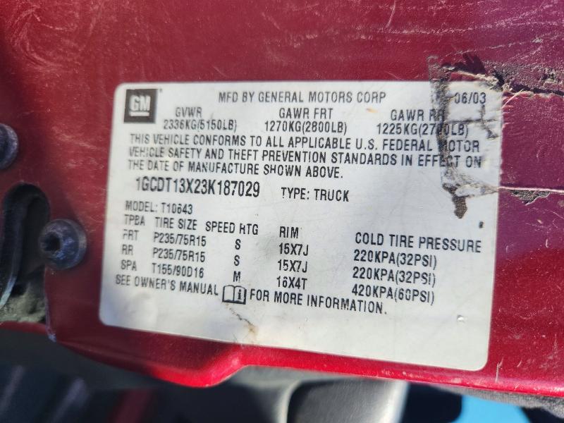 Aukcja sprzedaży 2003 Chevrolet S Truck, vin: 1GCDT13X23K187029, numer aukcji: 48897156