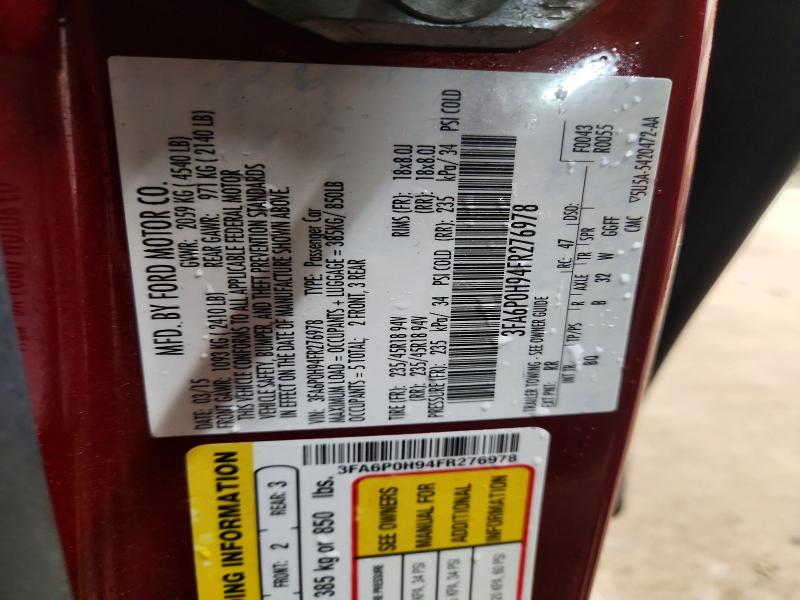 2015 Ford Fusion მანქანა იყიდება აუქციონზე, vin: 3FA6P0H94FR276978, აუქციონის ნომერი: 50105676