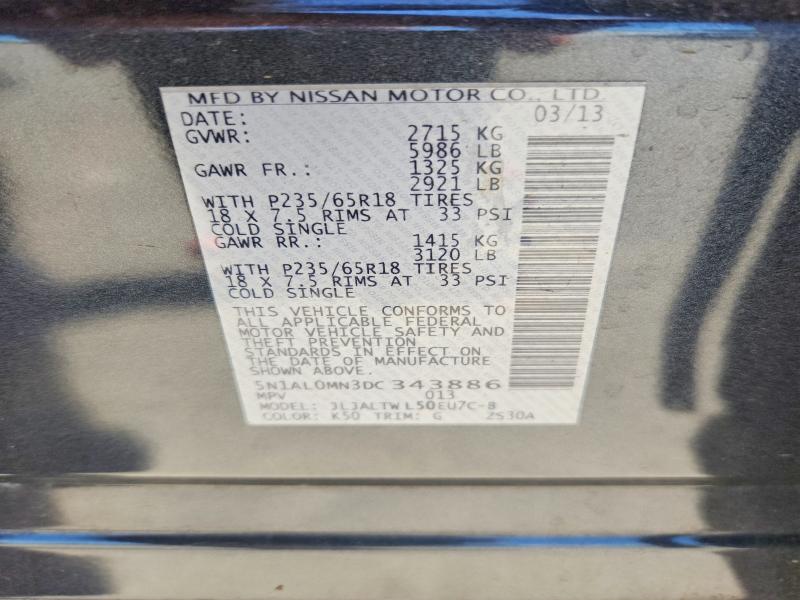 52043496 :رقم المزاد ، 5N1AL0MN3DC343886 vin ، 2013 Infiniti Jx35 مزاد بيع