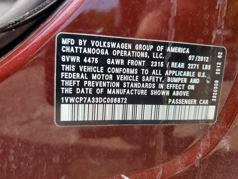 Aukcja sprzedaży 2013 Volkswagen Passat, vin: 1VWCP7A33DC006872, numer aukcji: 51592886