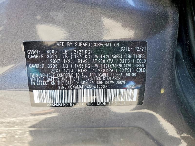 Продаж на аукціоні авто 2022 Subaru Ascent, vin: 4S4WMARD4N3412286, номер лоту: 49926016