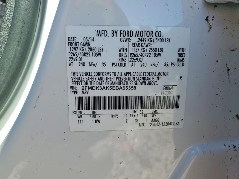 48777796 :رقم المزاد ، 2FMDK3AK5EBA65358 vin ، 2014 Ford Edge مزاد بيع