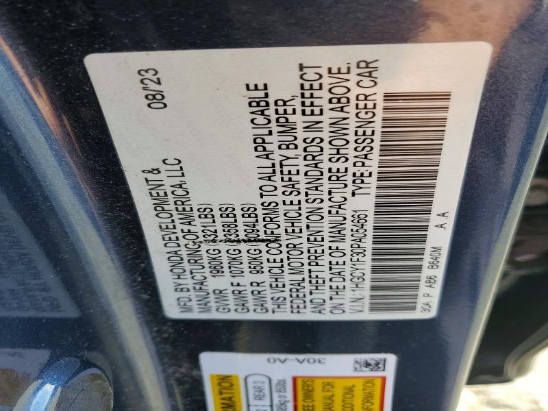 49943986 :رقم المزاد ، 1HGCY1F30PA054661 vin ، 2023 Honda Accord مزاد بيع