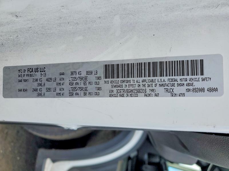 2019 Ram Promaster 1500 მანქანა იყიდება აუქციონზე, vin: 3C6TRVBG0KE566316, აუქციონის ნომერი: 48595926