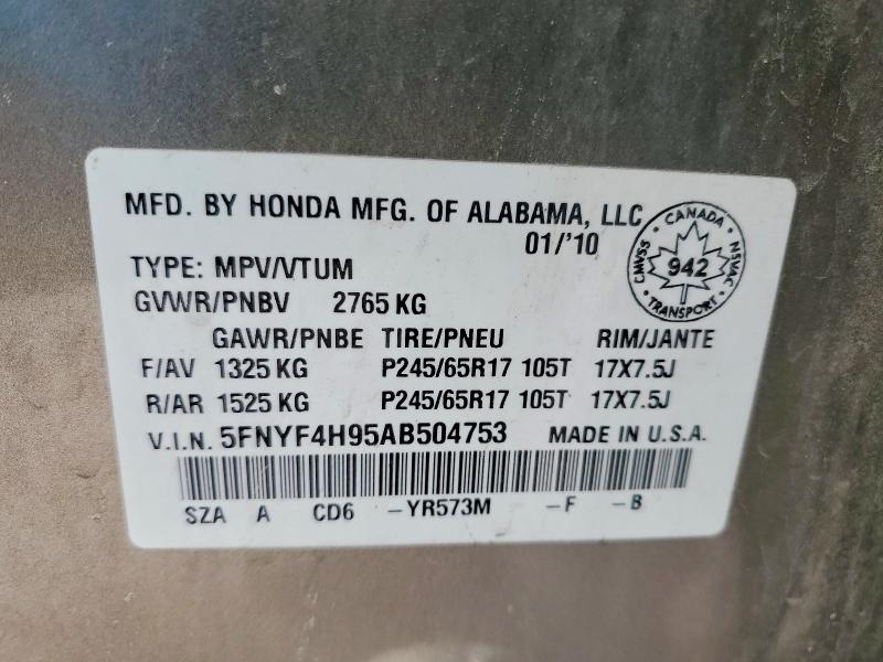 2010 Honda Truck/van Pilot Touring 4dr 4w მანქანა იყიდება აუქციონზე, vin: 5FNYF4H95AB504753, აუქციონის ნომერი: 48629096